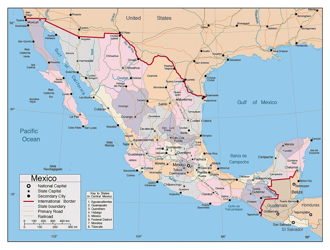 Orta Amerika - Amerika)büyük şehirler ile büyük şehirler Meksika haritası, Meksika harita