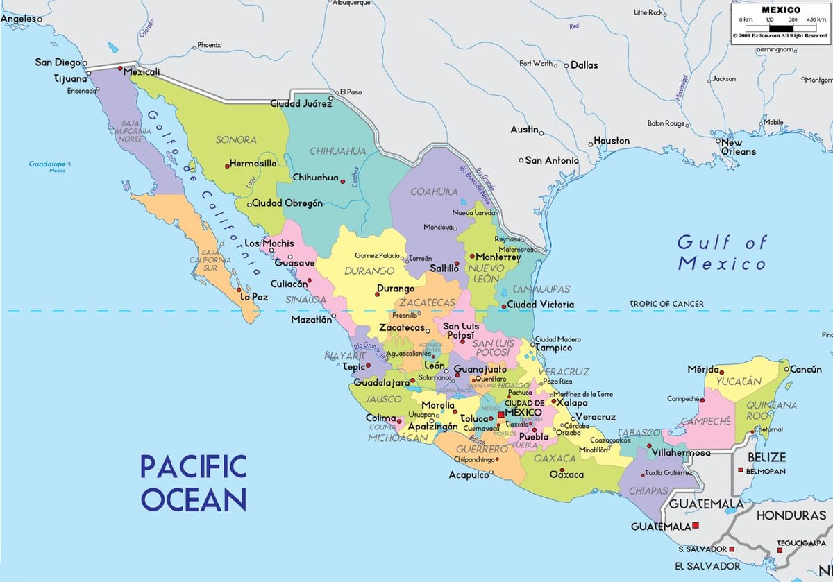 Mexico eyalet ve şehirler ile harita