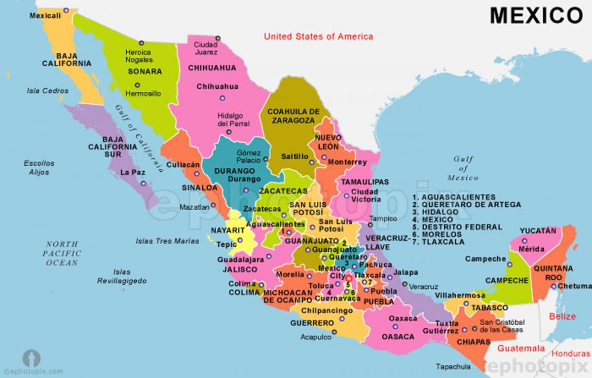 Meksika Devletleri ve başkentleri haritası